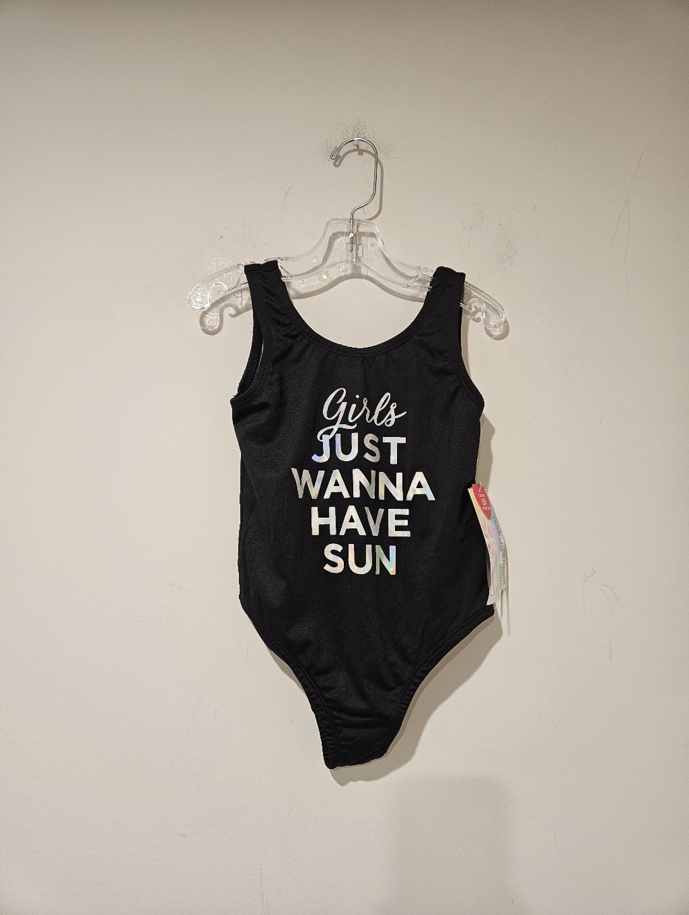 Pink Platinum Black Holographic Logo Kids One Piece Swimsuit, Size 7/8